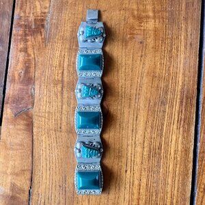 Vintage Mexico Taxco 925 Sterling Silver Bracelet with Green Onyx Carved Stones